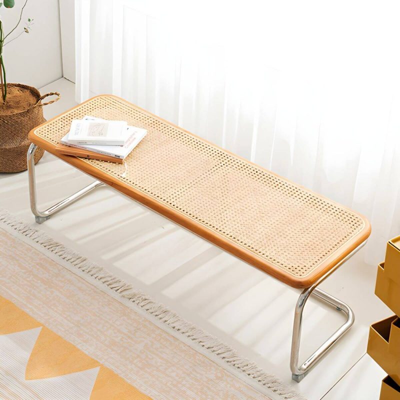 "Scandinavian Style Wicker & Rattan Bedroom Bench with Metal Legs - Black"