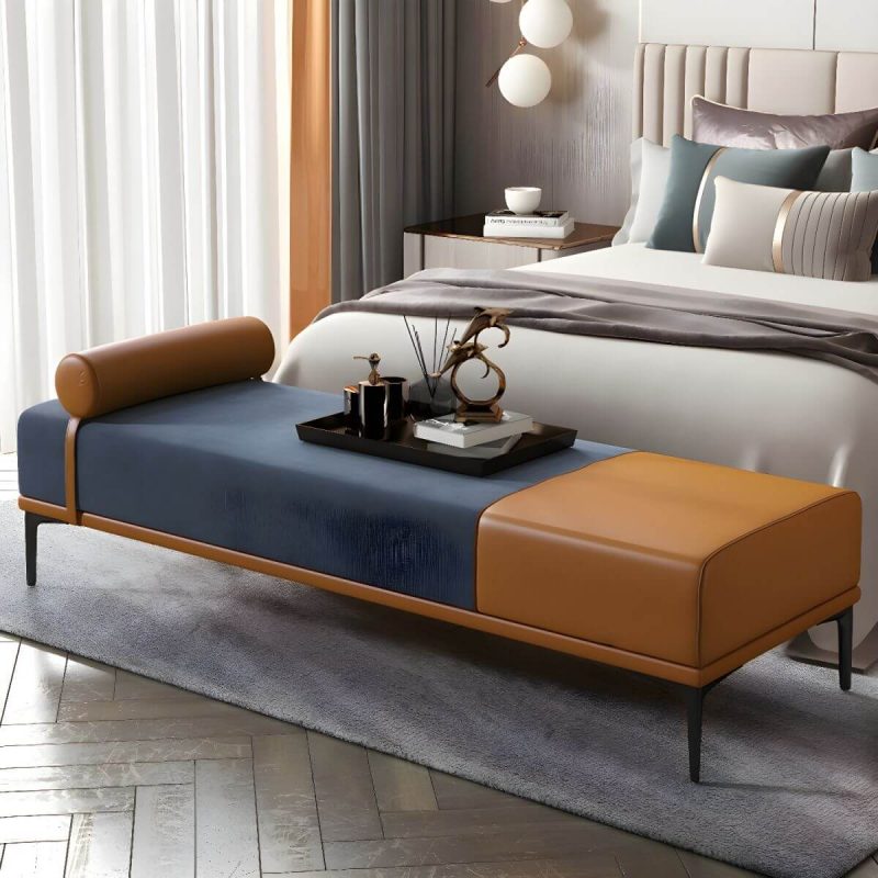 "Modern Fabric and Leather Seating Bench with One Side Arm for Bedroom - Gray-Blue"