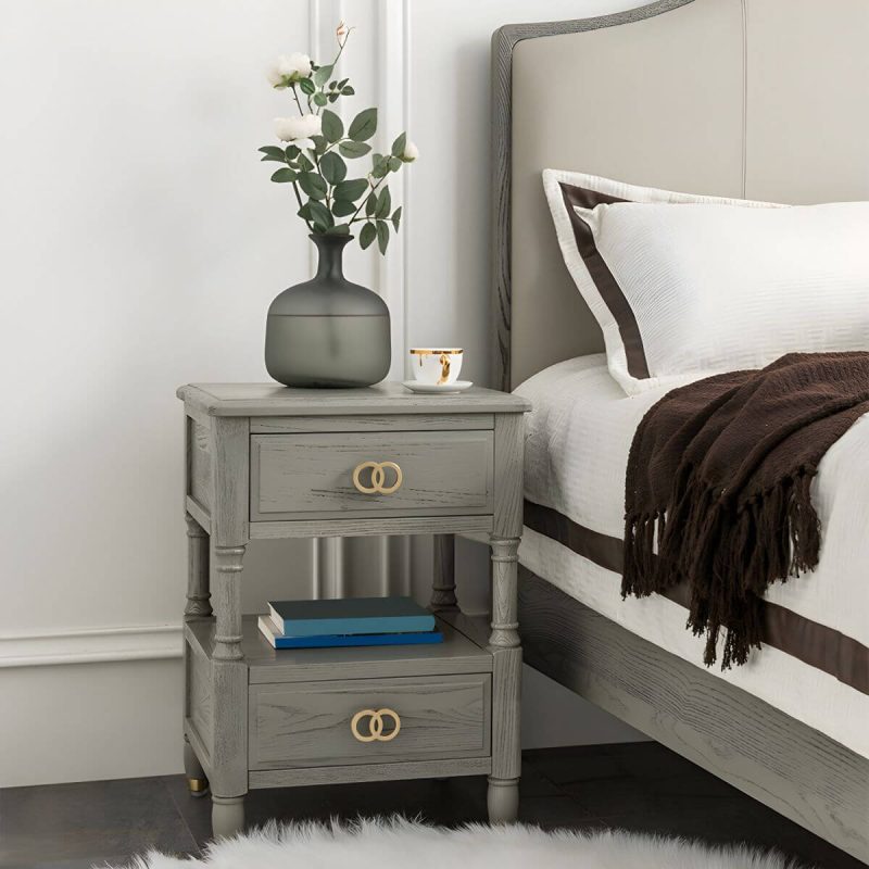 "Grey Ash Wood Nightstand with 2 Drawers, 1 Shelf & Light Wood Tone - Grey 2 Piece Set"
