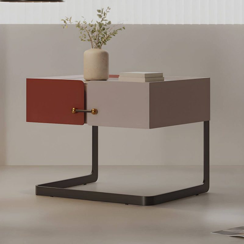 "Red Modern Wood Nightstand with Single Drawer and Legs for Bedroom - 1 Piece"