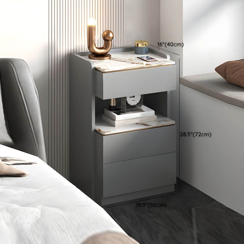 "Dimension of Modern Grey Wood Nightstand with 3 Drawers in Gray Wood Tone - Without Light 1 Piece With Backboard 50 x 40 x 72 cm"