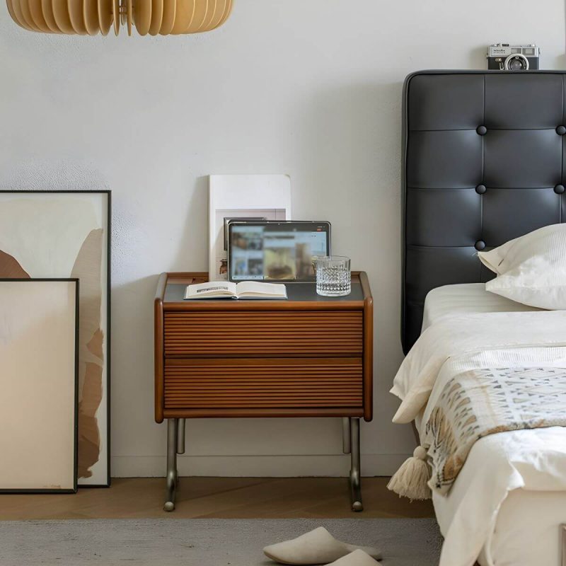 "Elegant Brown Wood Nightstand with Drawer Storage and Stone Countertop - 1 Piece"