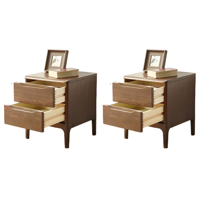 "Modern Oak Wood Nightstand with Drawer Storage, Small Size, Narrow Design - 2 Piece Set Nut-Brown"