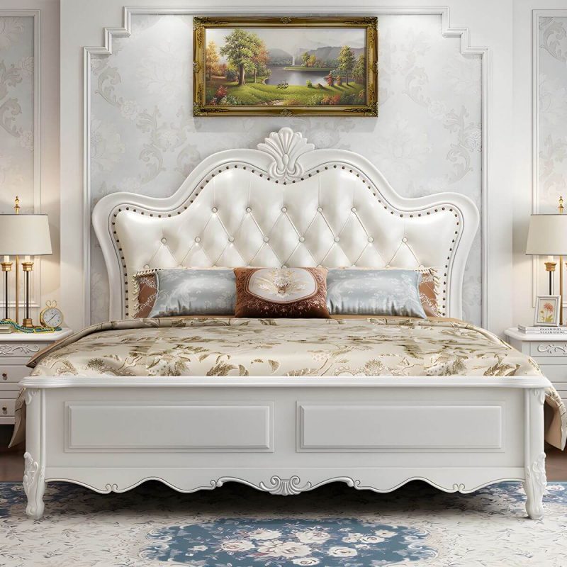 "Wood and Upholstered Sleigh Bed with Nails Head Trim Bed Frame in Cream - California King Lift Up Storage Bed & Mattress Coir"