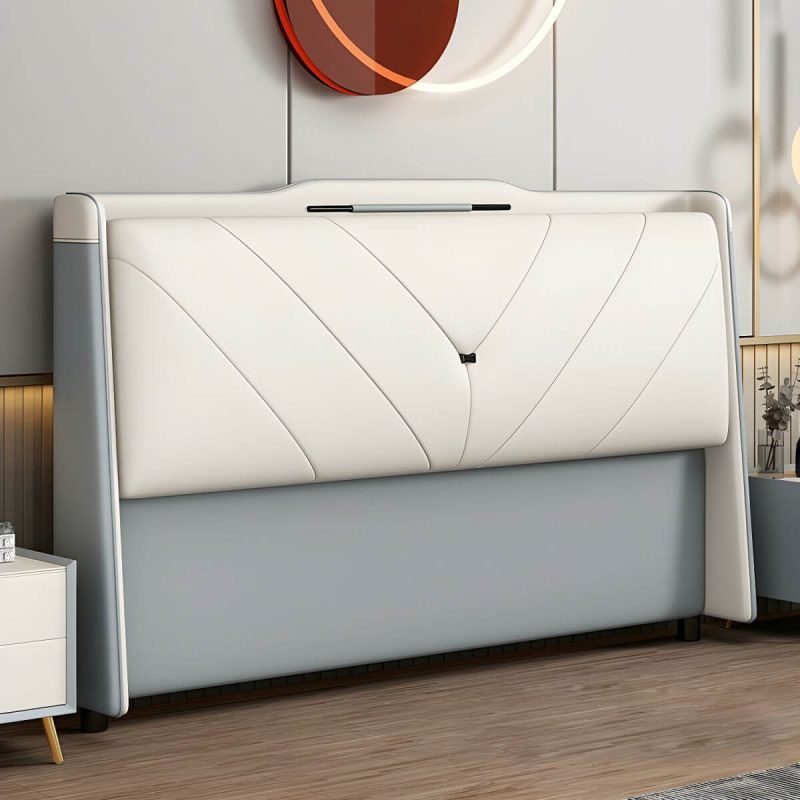 "Modern Upholstered Pine Headboard with Stepped Design and Wood Legs - Silicone Rubber 59" Light Blue"