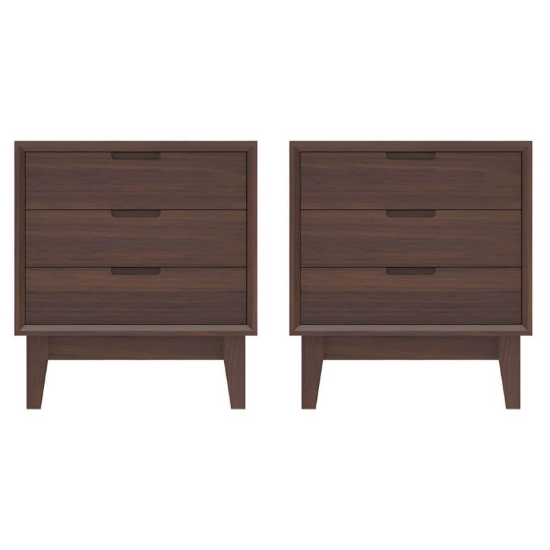 "Scandinavian Style Small Wood Nightstand with Three Lock Free Drawers - Walnut 2 Piece Set"