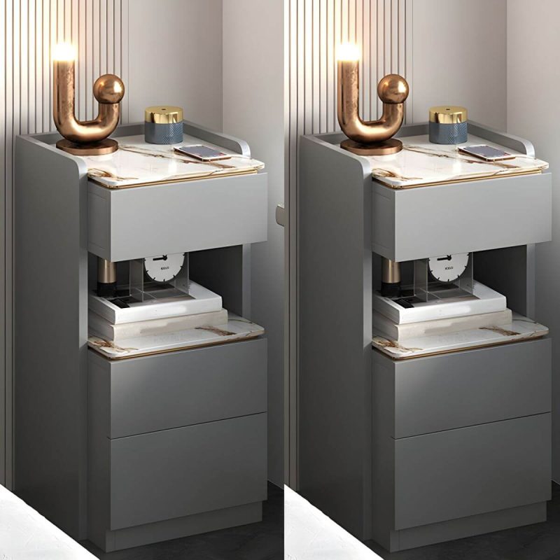 "Modern Grey Wood Nightstand with 3 Drawers in Gray Wood Tone - Without Light 2 Piece Set With Backboard 40 x 40 x 72 cm"