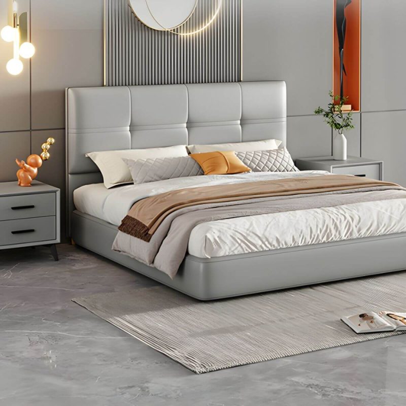 "Rectangular Solid Wood Bed Frame Headboard Modern Leather Panel - 71" Microfiber Leather Off-White"