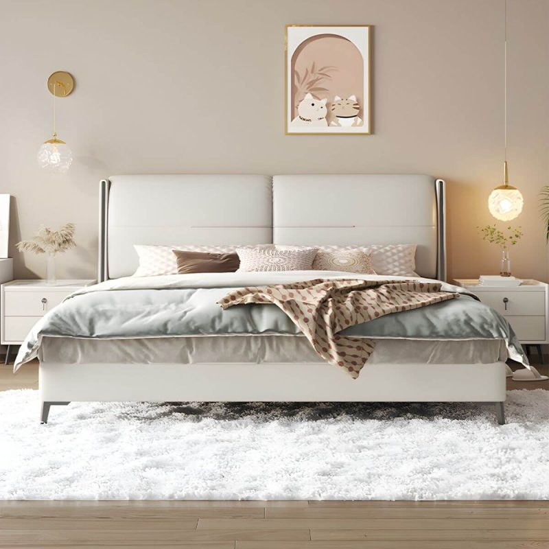 "Modern Wood Panel Bed Beige Genuine Leather Standard Bed with Upholstered Headboard - Full Bed & Mattress Cotton"