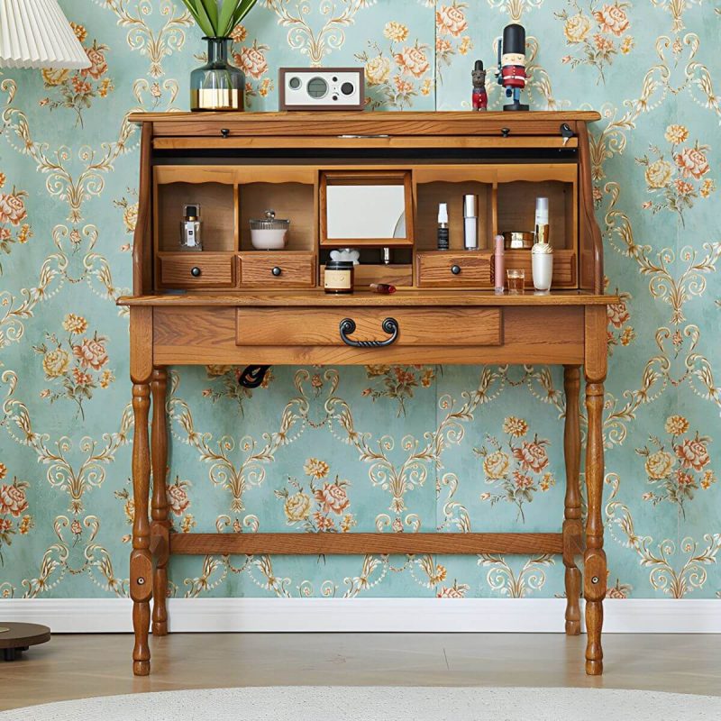 "Solid Wood Traditional Style Dressing Table Dustproof with Partition and Drawer - Natural Finish 26"L x 24"W x 44"H"