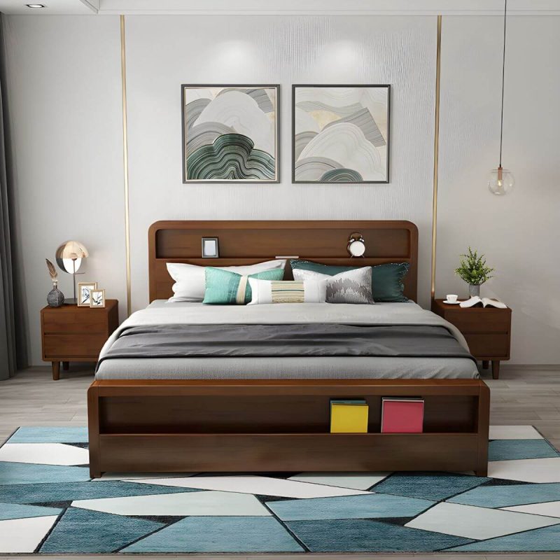 "Rectangular Bed Frame Traditional Panel Standard Bed for Home - Walnut Queen Single Bed Unavailable"