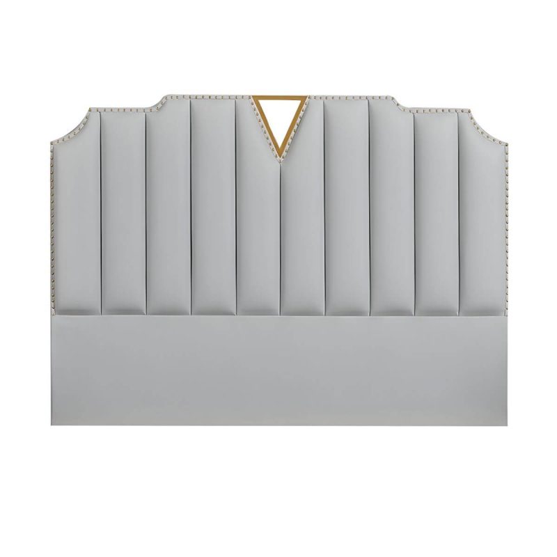 "Glam Stepped Pillow Back Bed Headboard Leather Solid Wood Water Proof - 47" Light Gray"
