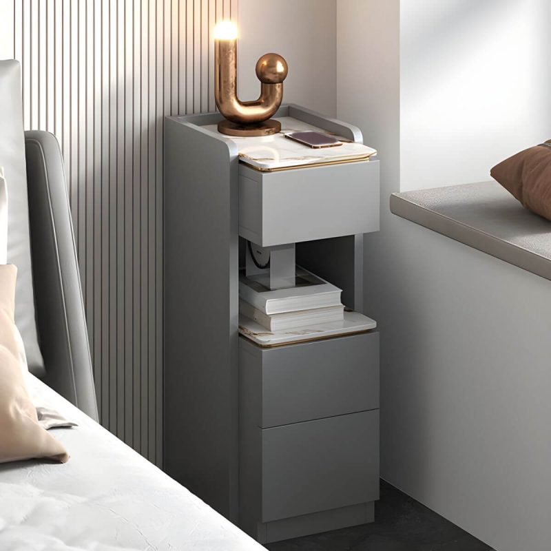 "Modern Grey Wood Nightstand with 3 Drawers in Gray Wood Tone - Without Light 1 Piece With Backboard 30 x 40 x 72 cm"