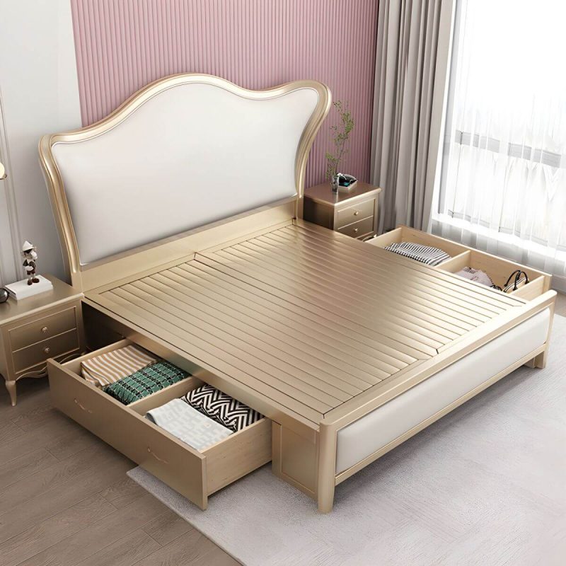 "Victorian Standard Bed Foam Pine Wood Bed Frame With Custom Gold Legs - King Pull-Out Storage Single Bed"