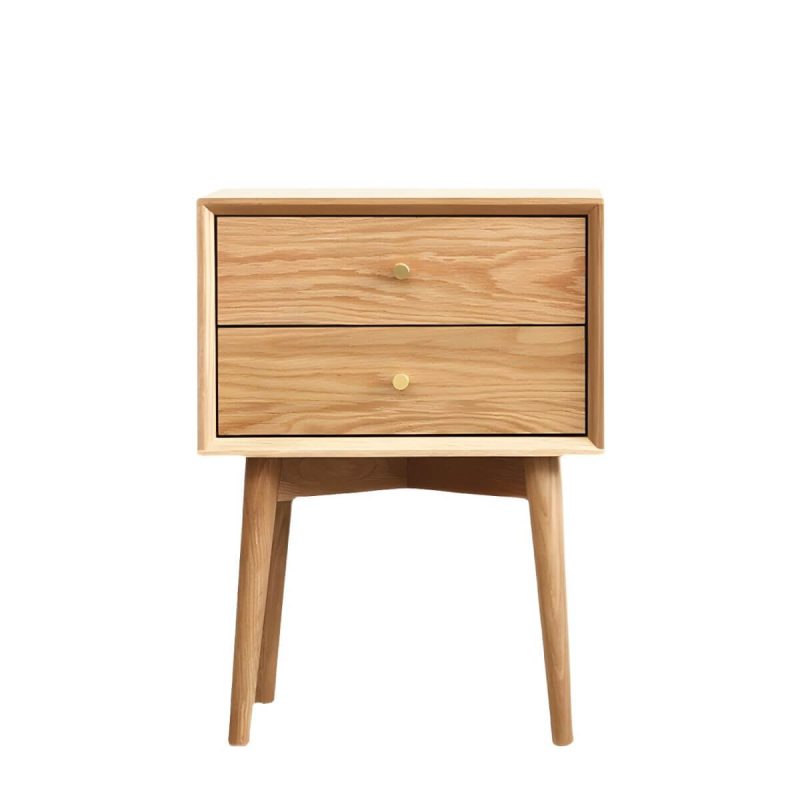 "Scandinavian Style Wood Nightstand with 2 Drawers in Oak Finish - 1 Piece Nut-Brown"