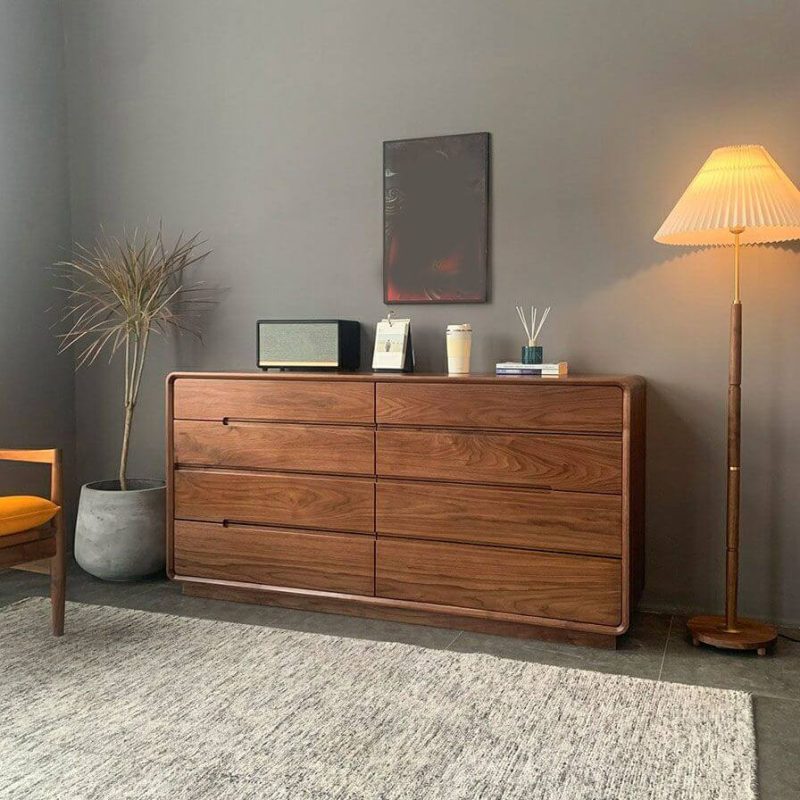 "Scandinavian Walnut Double Dresser with 8 Drawers for Living Room - 55"L x 17"W x 32"H"