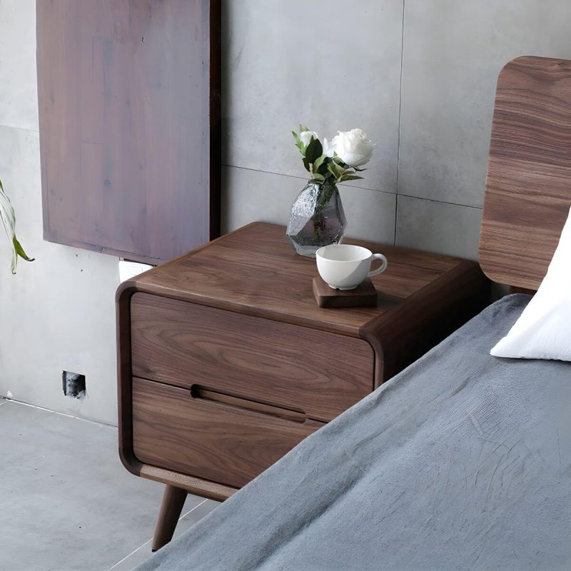 "Stylish Walnut Wood Nightstand with 2 Drawers in Brown Finish - 1 Piece"