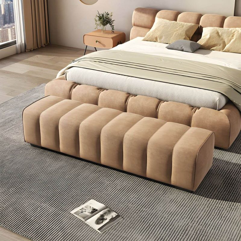"Tufted Upholstered Modern Bedroom Bench in Solid Color - Short Height - 59"L x 20"W x 16"H Beige"