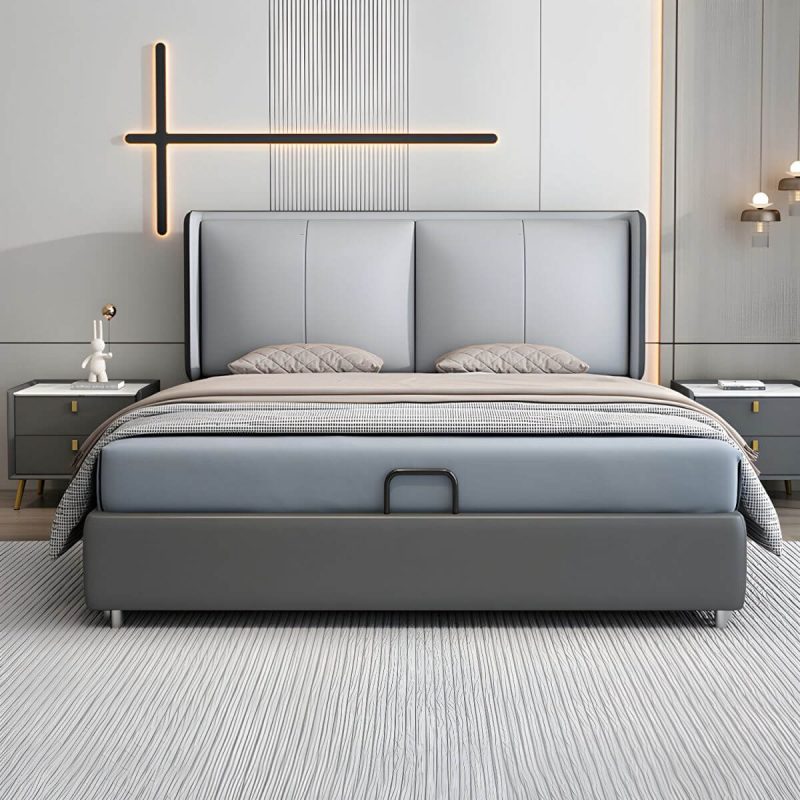 "Light Wood Modern Wingback Headboard with Upholstered Design and Solid Wood Frame - 39" Tech Cloth Dark Gray/ Beige"