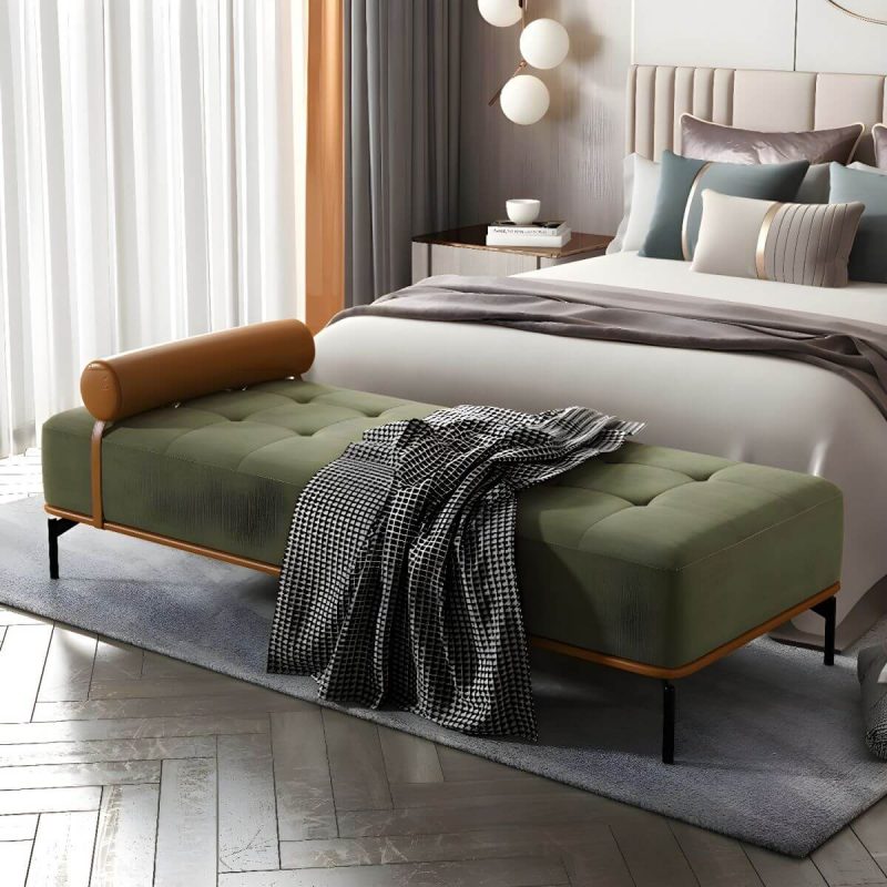 "Tufted Upholstered Modern Bedroom Bench with Rolled Pillow and Wood Frame - Army Green"