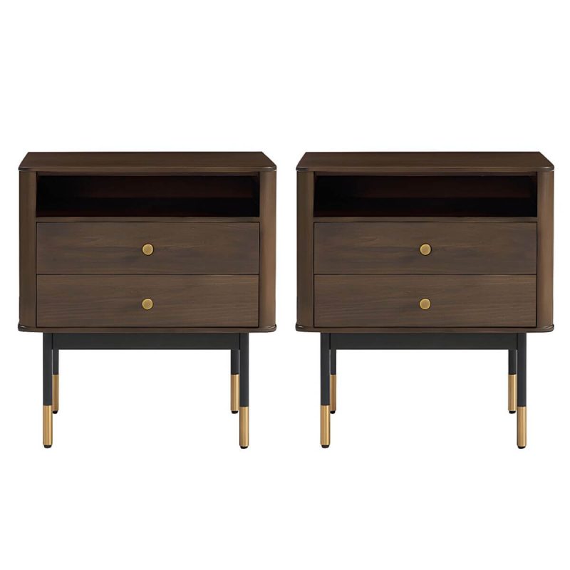 "Mid-Century Modern Wood Nightstand with Drawer Storage and 2 Drawers - 2 Piece Set Dark Walnut"