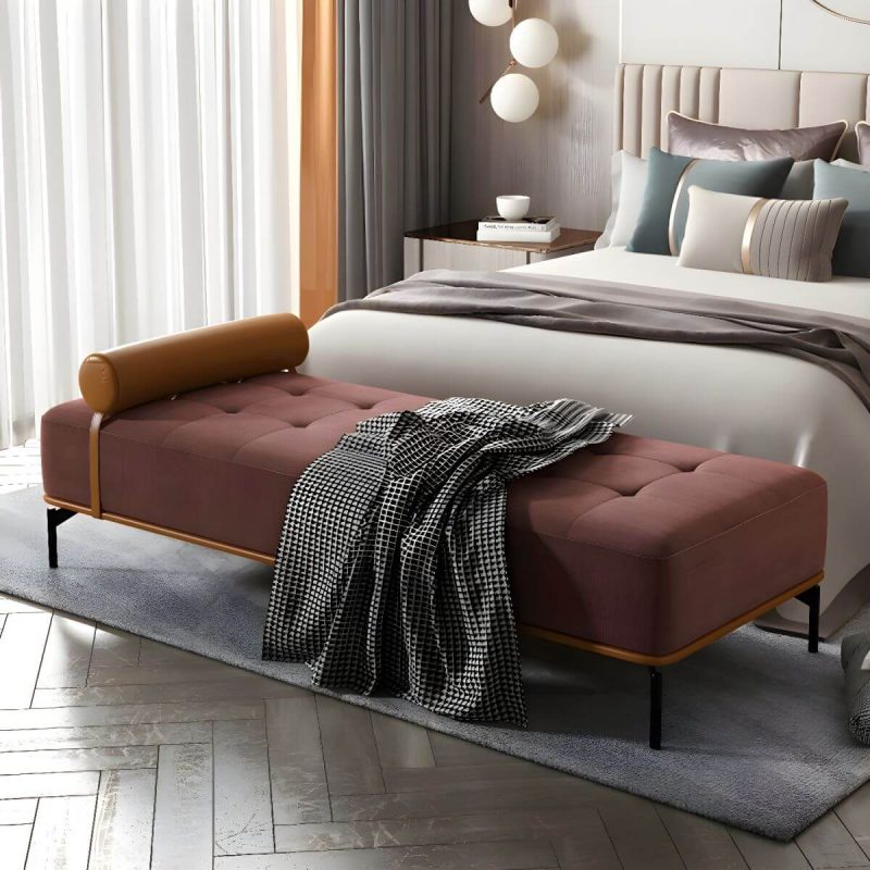 "Tufted Upholstered Modern Bedroom Bench with Rolled Pillow and Wood Frame - Red"