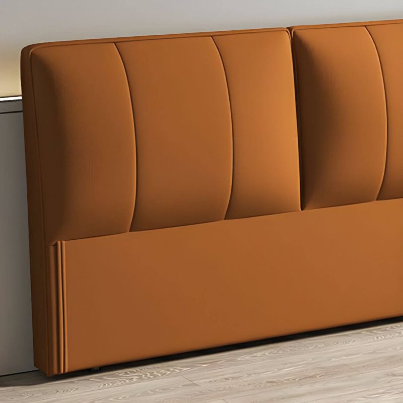 "Light Wood Upholstered Panel Modern Headboard with Orange Leather Upholstery and Solid Wood Legs - 71""