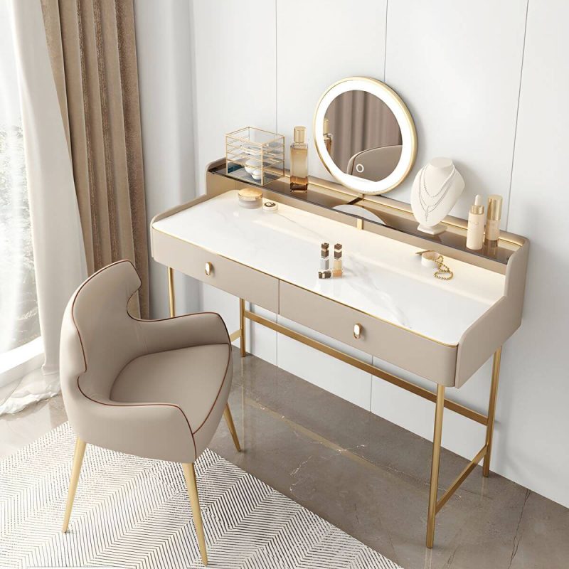 "Simplistic Standard Dressing Table Alloy with LED Mirror and Grey Chair, Makeup Vanity & Mirror & Stools, 39"L x 18"W x 35"H"