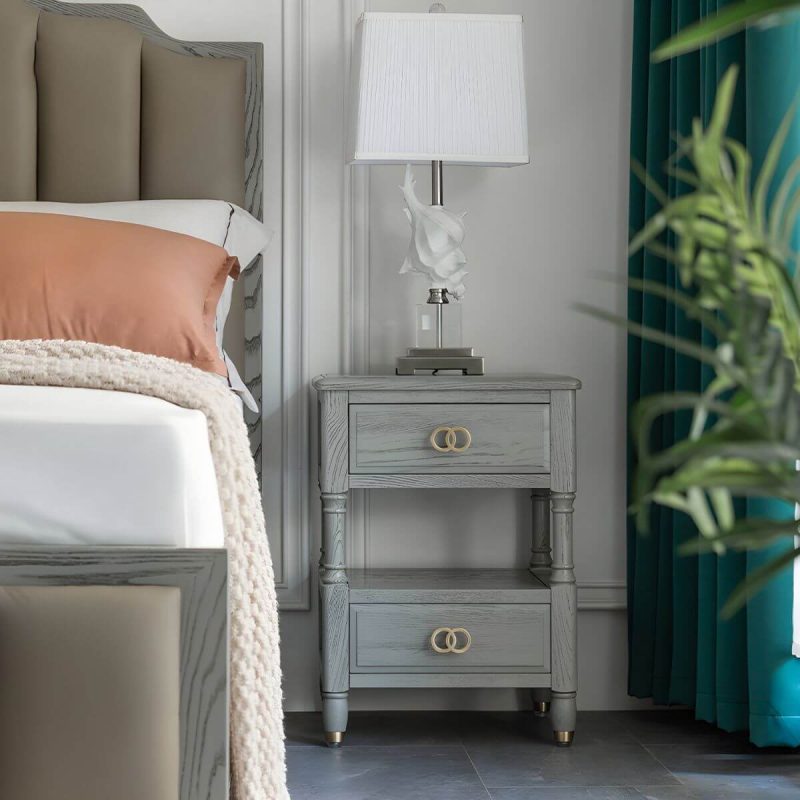 "Grey Ash Wood Nightstand with 2 Drawers, 1 Shelf & Light Wood Tone - Grey 1 Piece"