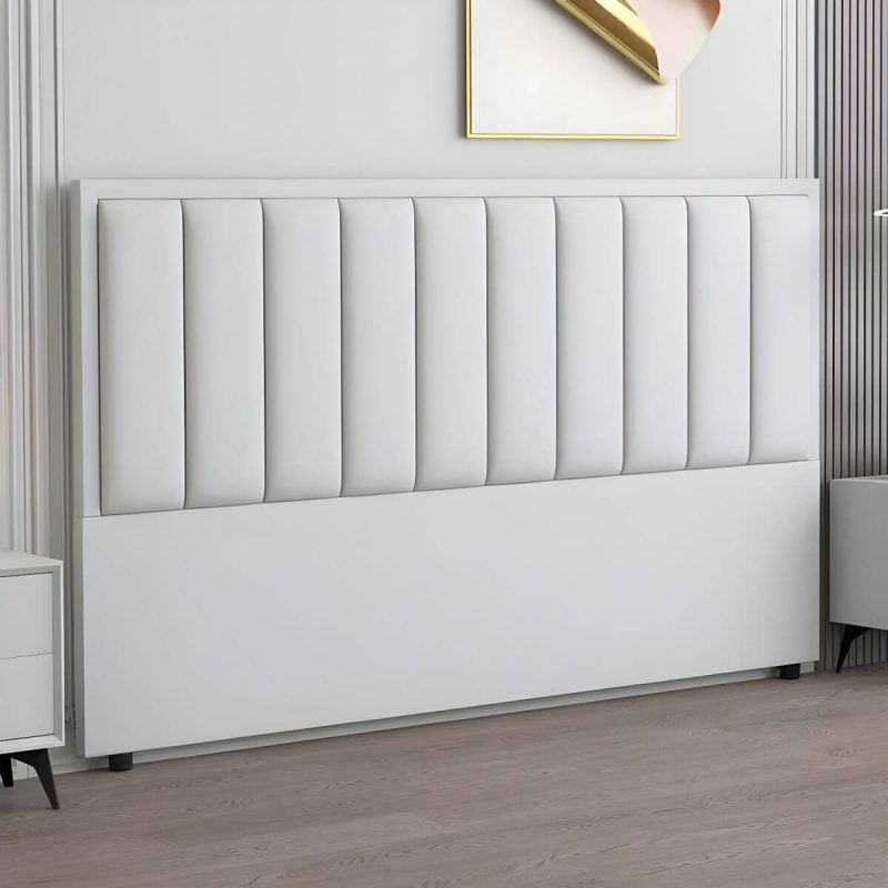 "Modern Upholstered Pine Headboard with Leather Upholstery and Wood Legs - Standard Height - White 71""