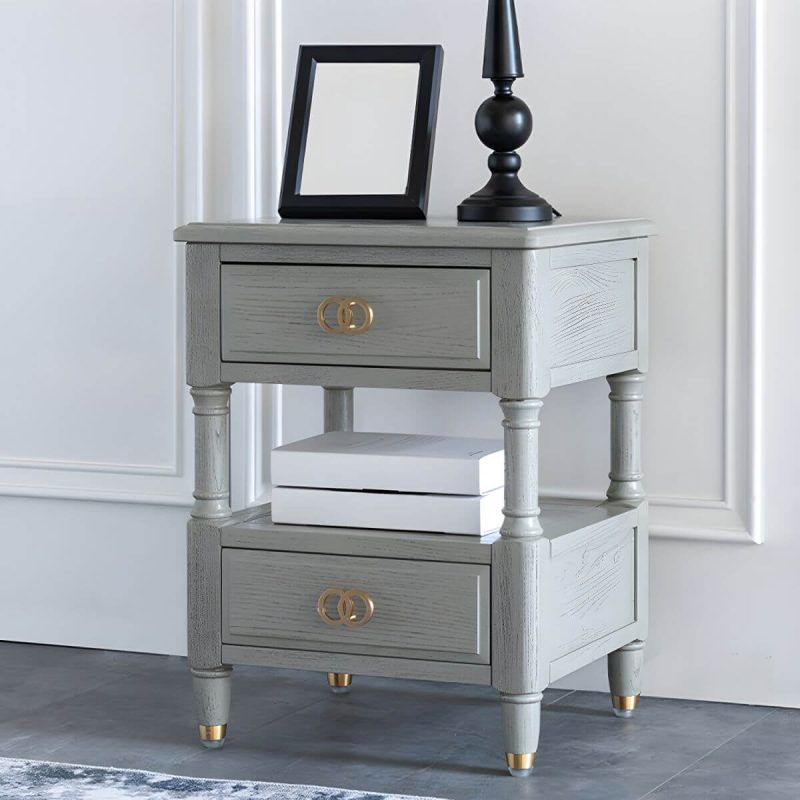 "Grey Ash Wood Nightstand with 2 Drawers, 1 Shelf & Light Wood Tone - Grey 1 Piece"