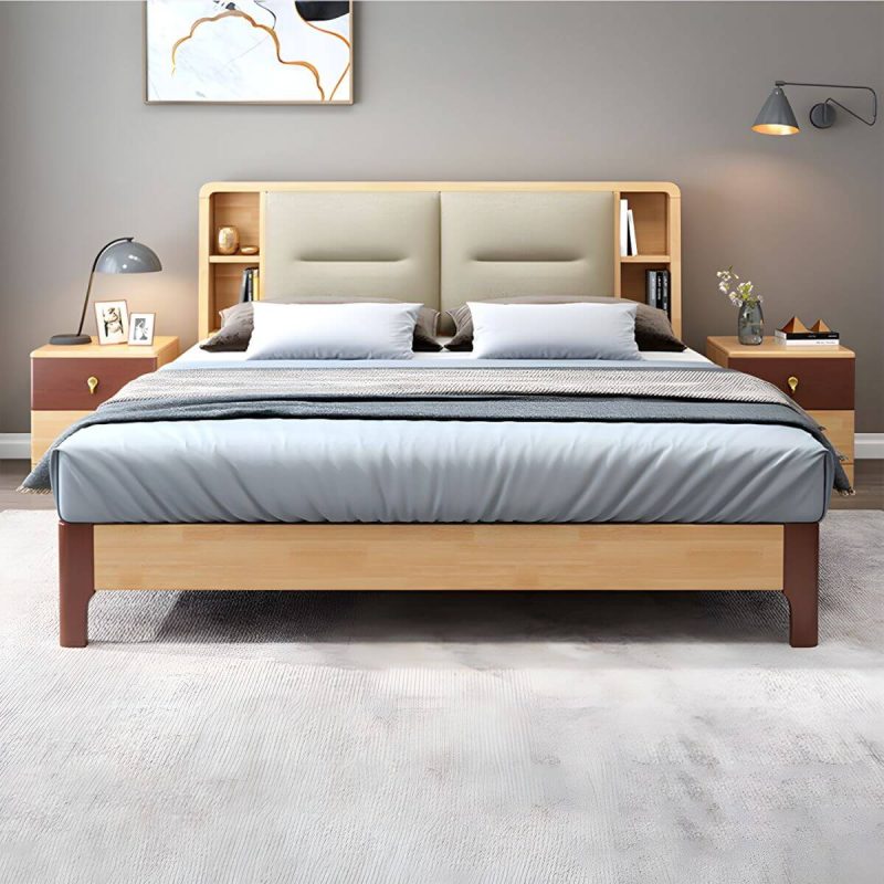"Scandinavian Solid Wood Storage with Rectangular Headboard Bed Frame - Queen Single Bed"
