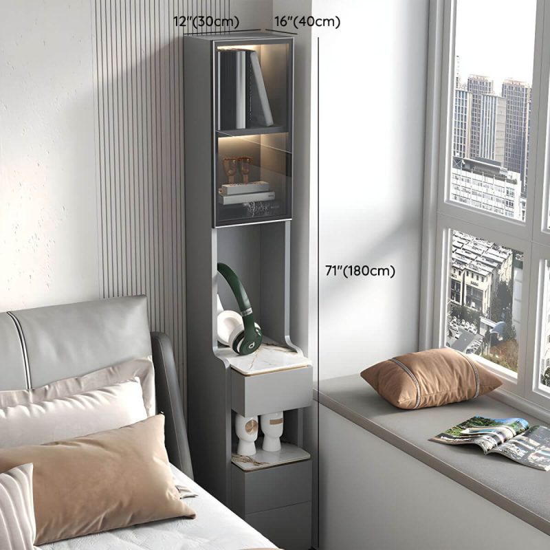 "Dimension of Modern Grey Wood Nightstand with 3 Drawers in Gray Wood Tone - With Light 1 Piece With Backboard 30 x 40 x 180 cm"