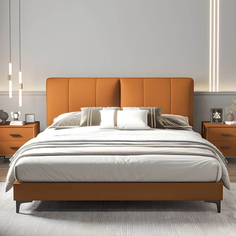 "Light Wood Upholstered Panel Modern Headboard with Orange Leather Upholstery and Solid Wood Legs - 59""