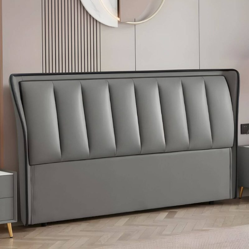 "Wingback Light Wood Pine Headboard with Upholstered Design and Solid Wood Legs - 59" Microfiber Leather Dark Gray"