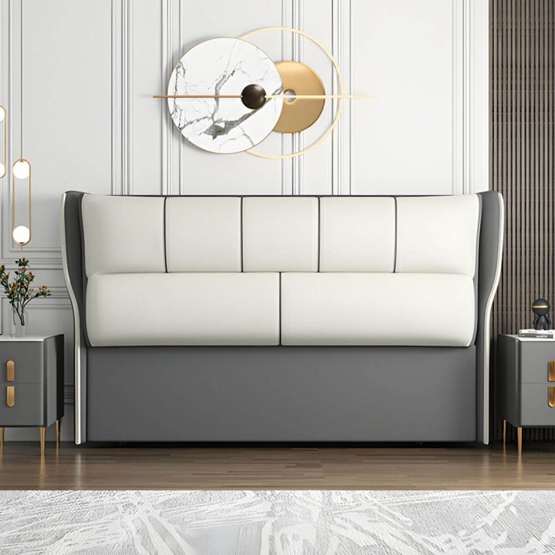 "Modern Upholstered Pine Headboard with Wood Legs - Standard Height - 59" Microfiber Leather Blue-White"