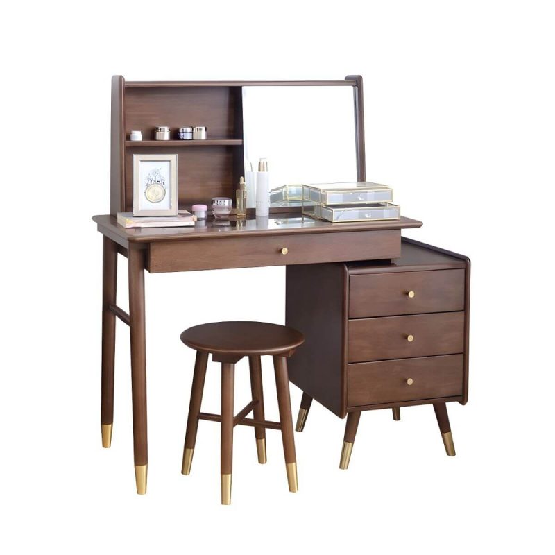 "Rectangle Shape Solid Wood Dressing Table Brown with Drawers and Stools - Makeup Vanity & Stools"