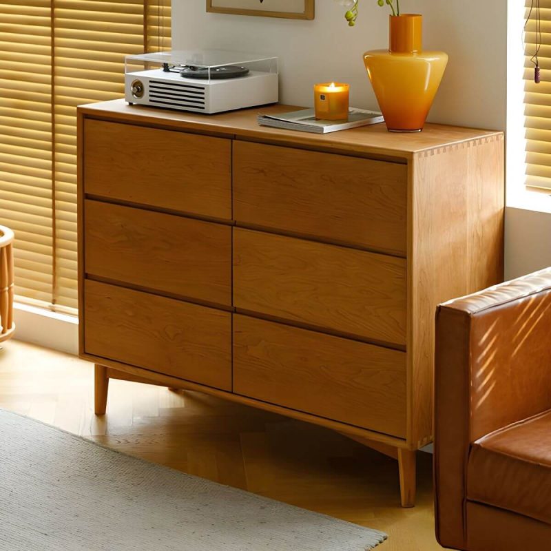 "Cherry Wood Horizontal Chest Modern Brown 6 Drawers Included for Home - Natural Finish"