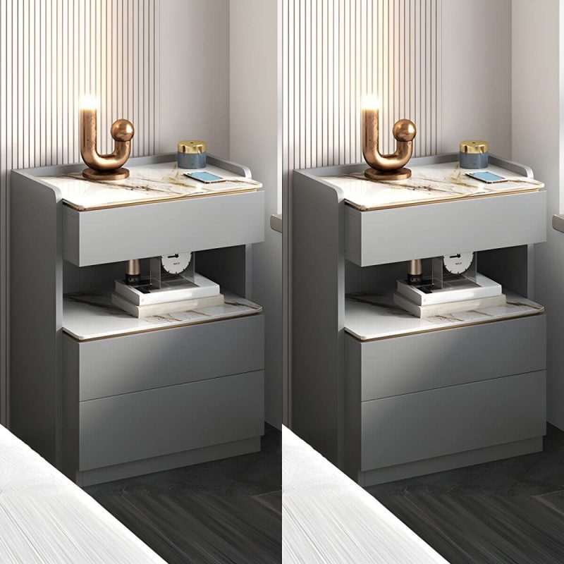 "Modern Grey Wood Nightstand with 3 Drawers in Gray Wood Tone - Without Light 2 Piece Set With Backboard 60 x 40 x 72 cm"