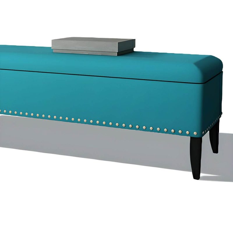 "Upholstered Bedroom Bench with Nailhead Trim - Modern Flip Top Design, 150cm Long - Beige"