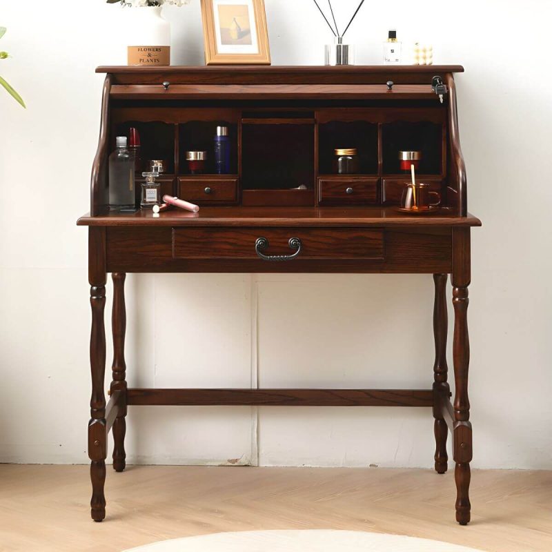 "Solid Wood Traditional Style Dressing Table Dustproof with Partition and Drawer - Nut-Brown 33"L x 24"W x 44"H"