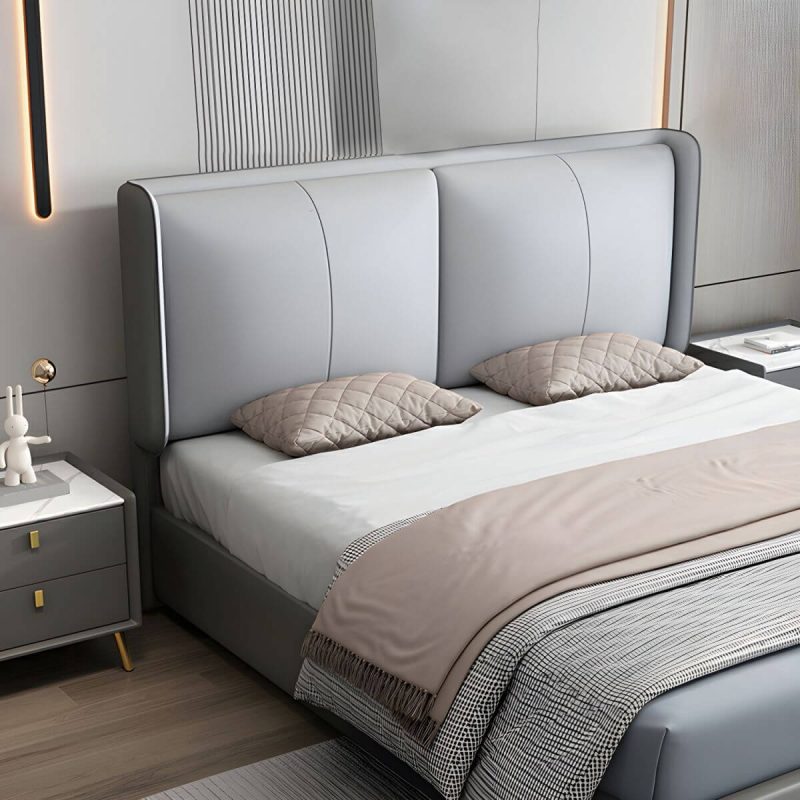 "Light Wood Modern Wingback Headboard with Upholstered Design and Solid Wood Frame - 71" Anti Cat Scratch Leather Dark Grey/ Light Grey"