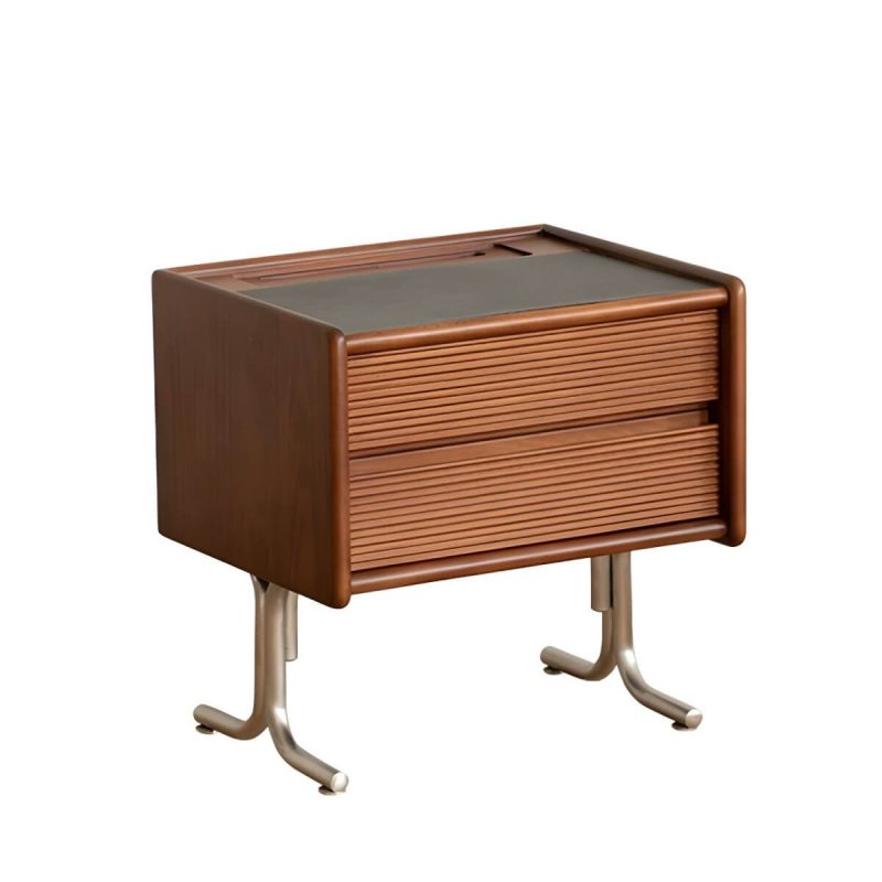 "Elegant Brown Wood Nightstand with Drawer Storage and Stone Countertop - 2 Piece Set"