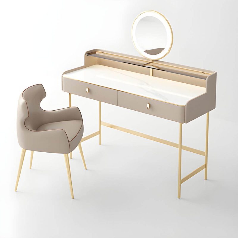 "Simplistic Standard Dressing Table Alloy with LED Mirror and Grey Chair, Makeup Vanity & Mirror & Stools, 39"L x 18"W x 35"H"