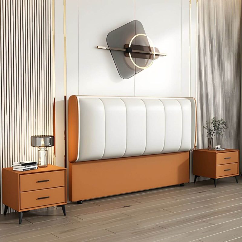 "Modern Upholstered Pine Wingback Headboard with Leather Upholstery and Wood Legs - Light Gray 71""