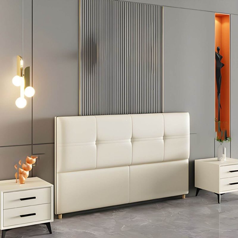 "Rectangular Solid Wood Bed Frame Headboard Modern Leather Panel - 59" Tech Cloth Off-White"