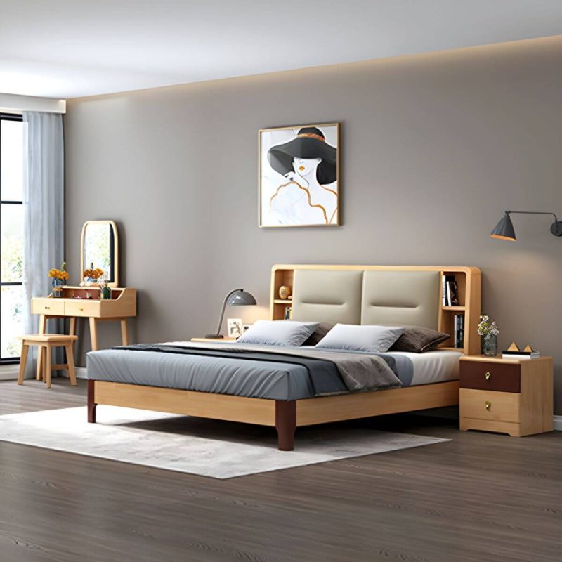 "Scandinavian Solid Wood Storage with Rectangular Headboard Bed Frame - California King Bed & Mattress"