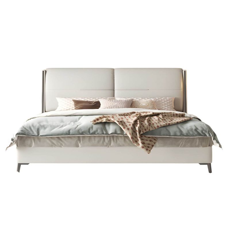 "Modern Wood Panel Bed Beige Genuine Leather Standard Bed with Upholstered Headboard - Queen Single Bed Unavailable"