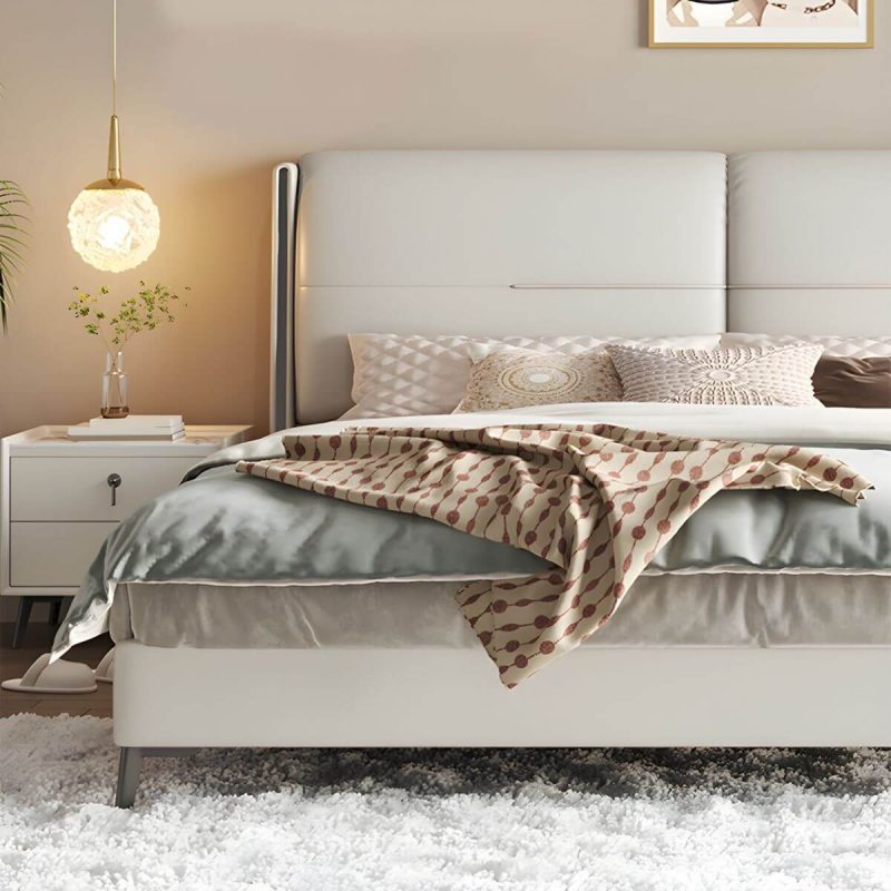 "Modern Wood Panel Bed Beige Genuine Leather Standard Bed with Upholstered Headboard - King Bed & Mattress Coir"