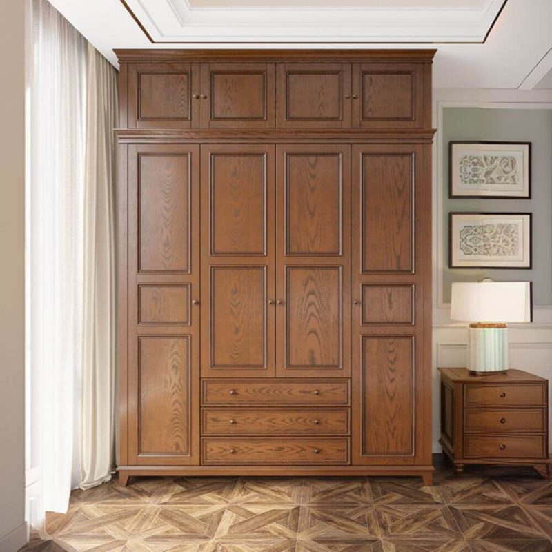 "Taupe Art Deco Ash Wood Wardrobe Armoire with 2 Drawers, Interior Shelves, and Clothing Rod, 59"L x 25"W x 86"H"